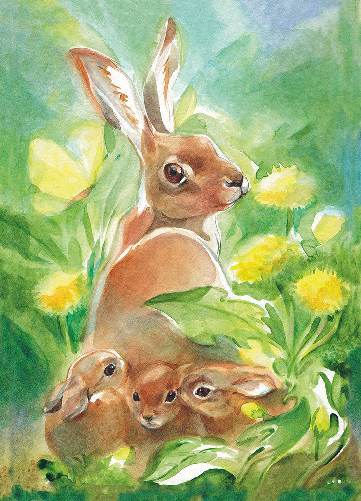Postkarte Osterhase von Marie Laure Viriot: Haesin mit drei Jungtieren zwischen Loewenzahn