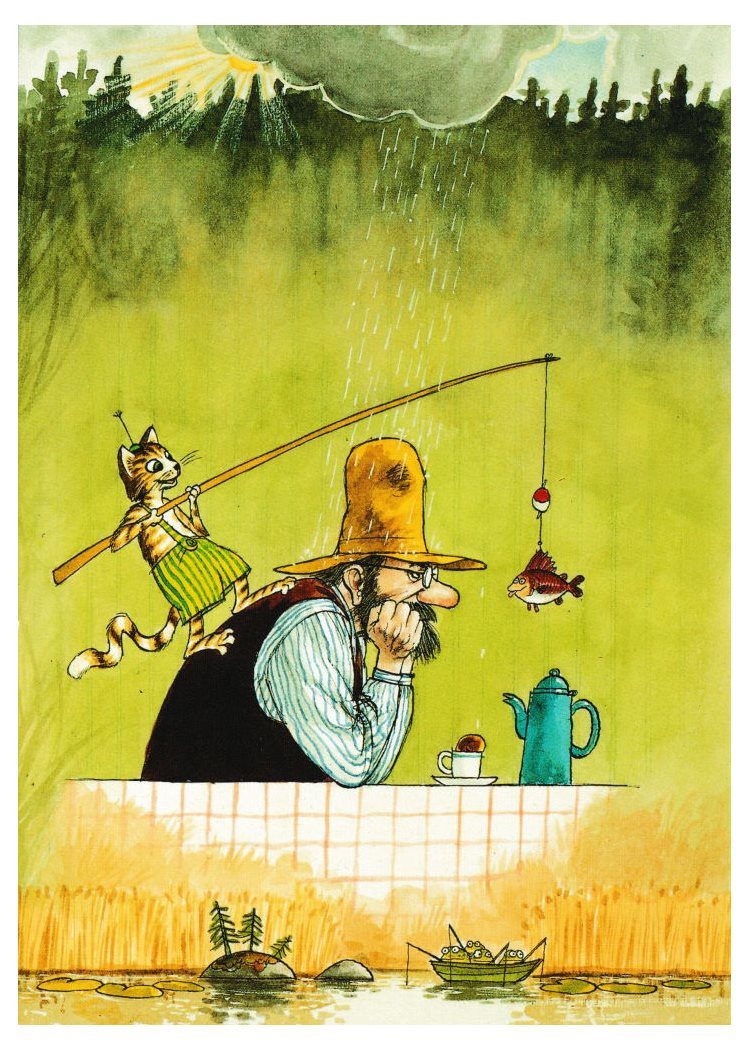 Postkarte Pettersson angelt: Findus angelt vom Rücken des Petterssons im Sonnenregen, Illustration von S. Nordquist