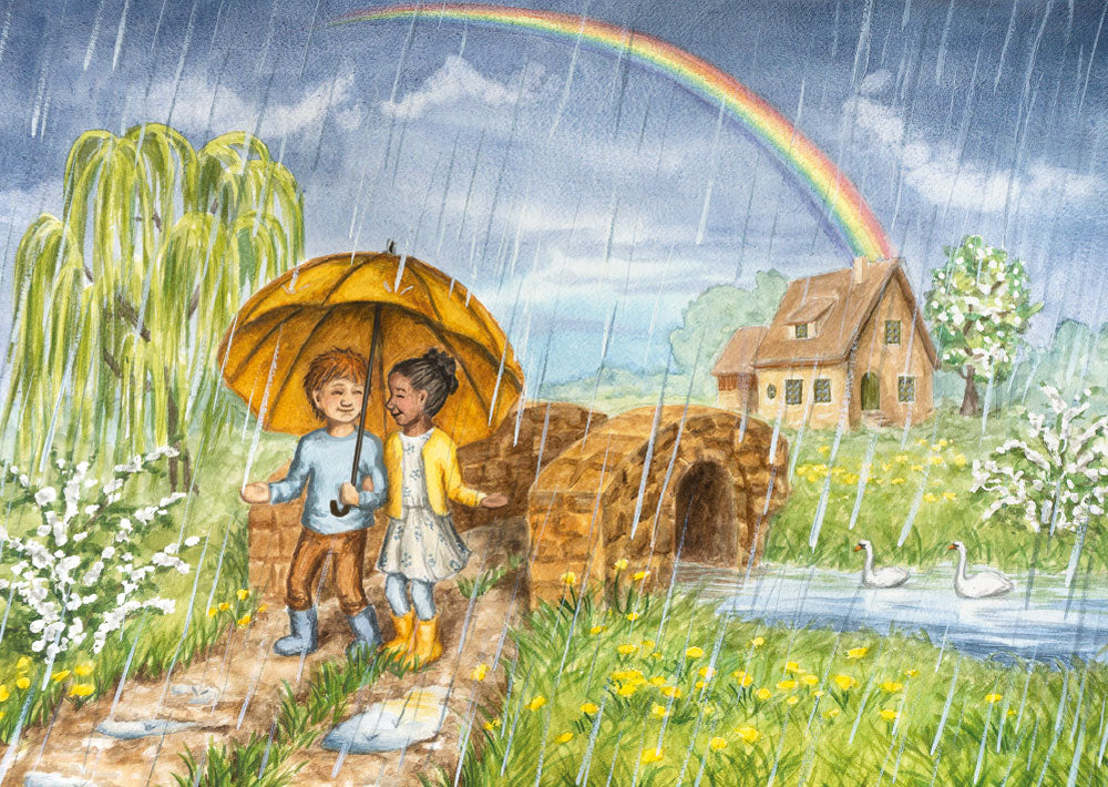 Waldorf Postkarte Regenbogen PKFR10: zwei Kinder unter orangem Schirm im Regen, Regenbogen über Steinbrücke mit Schwänen, Aquarell von Raphaela Berendt