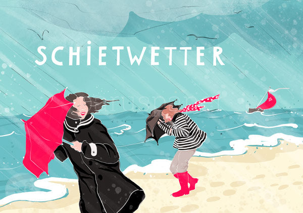 Sommer Postkarte Schietwetter PKSO329: zwei Frauen am Strand schlechtes Wetter
Aquarell von Antje Theres Kral