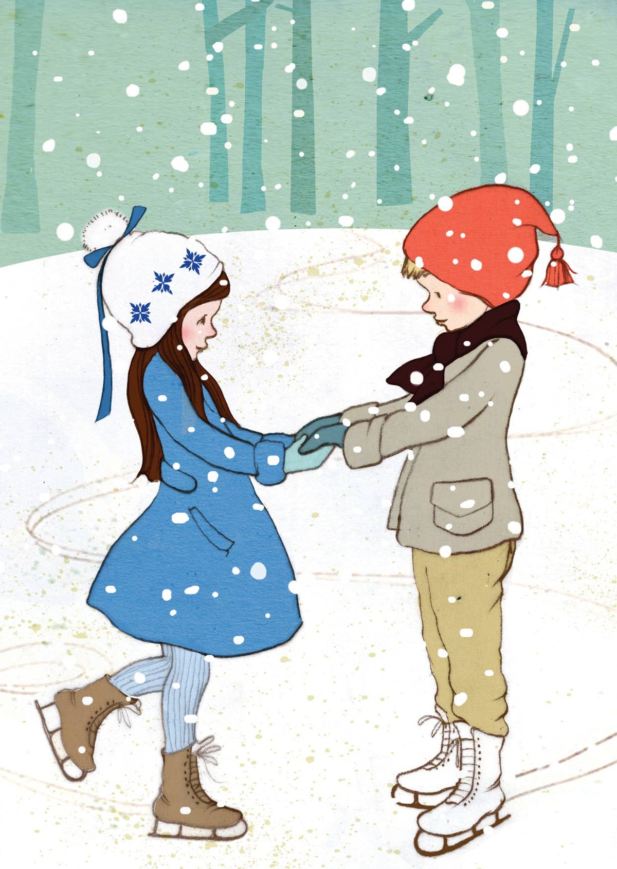 Postkarte Sollen wir Schlittschuh laufen? Zwei Kinder auf See im Schnee, von Belle & Boo