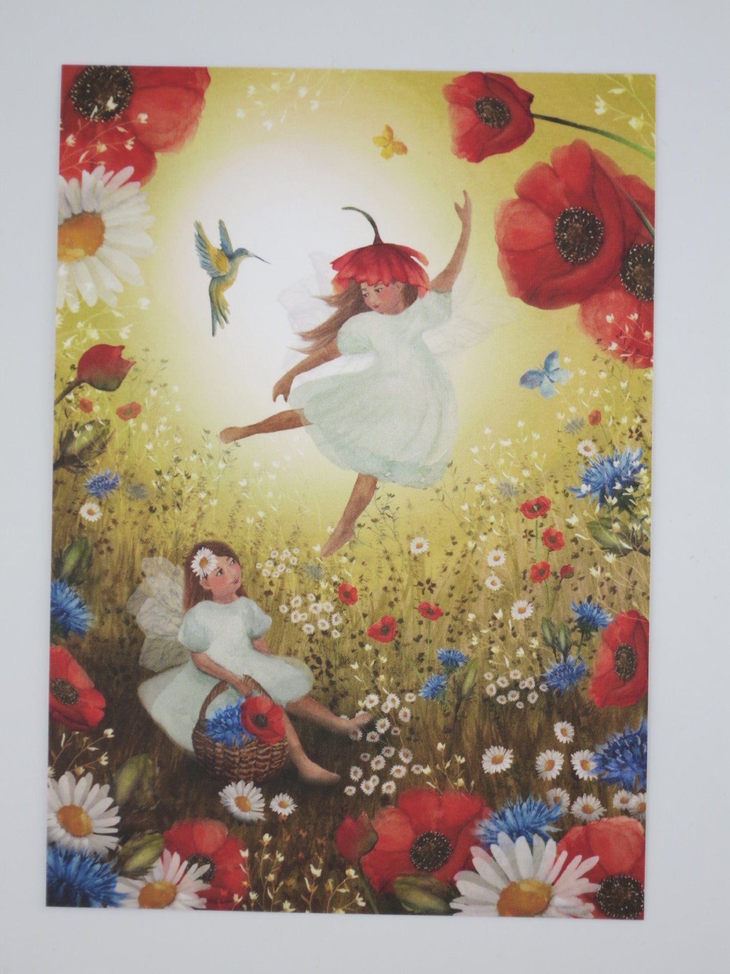 Postkarte Sommerelfen: Elfen mit Kolibri im Mohn- und Kornblumenfeld, Illustration von Bijdehansje