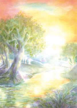 Postkarte Sonnenaufgang: Baum am Bach im hellen überstrahlten Morgenlicht, Aquarell von Johanna Schneider
