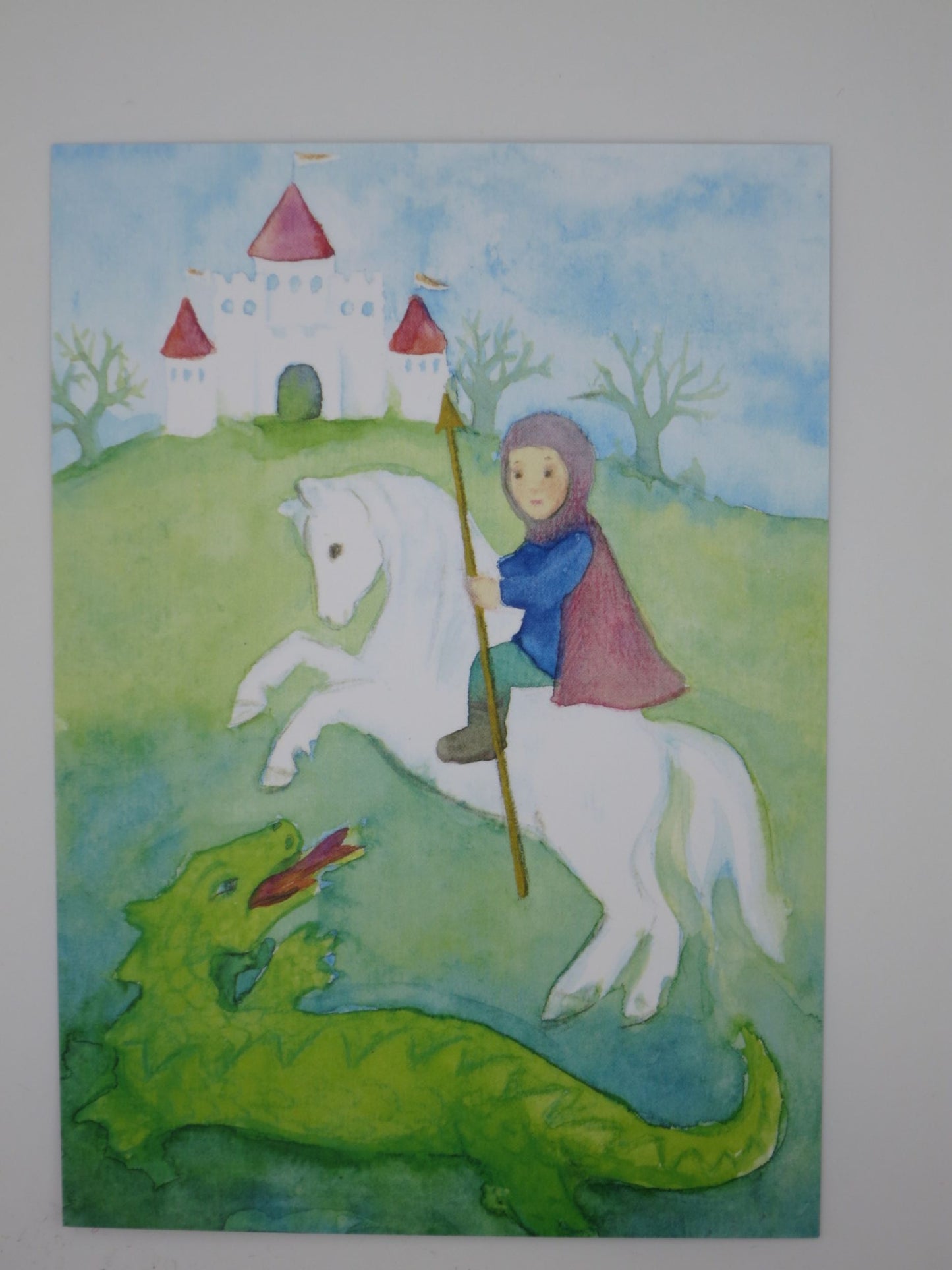 Waldorf Postkarte St Georg und der Drache von Anna Hunold: Ritter auf weissem Pferd gegen Drachen