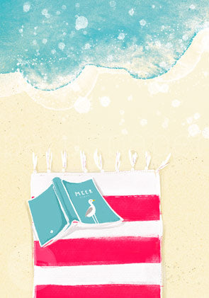 Sommer Postkarte Strandlektuere PKSO330: Strandtuch mit Buch am Meer
Aquarell von Antje Theres Kral