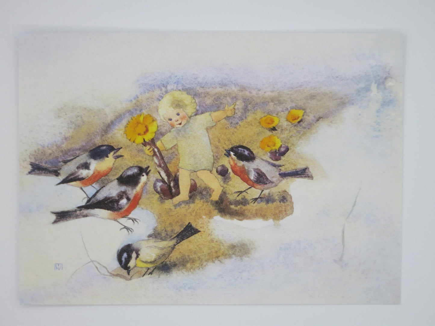 Waldorf Postkarte Vorfrühling PKFR72: Kind mit Huflattichblüte zwischen Singvögeln im Schnee, Aquarell von Mili Weber