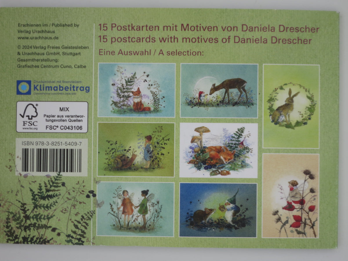 Rückseite des Postkartenbuchs Im Zauberwald von Daniela Drescher mit Motivübersicht