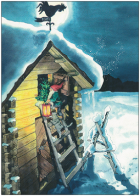 Postkarte Zwerg nachts auf Leiter, Zwerg im Winter, illustriert von Inge Löök
