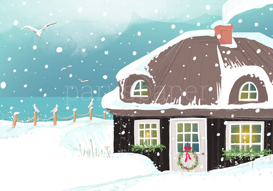 Verschneites Reetdachhaus - Postkarte - Weihnachten Art.Nr PKWei67