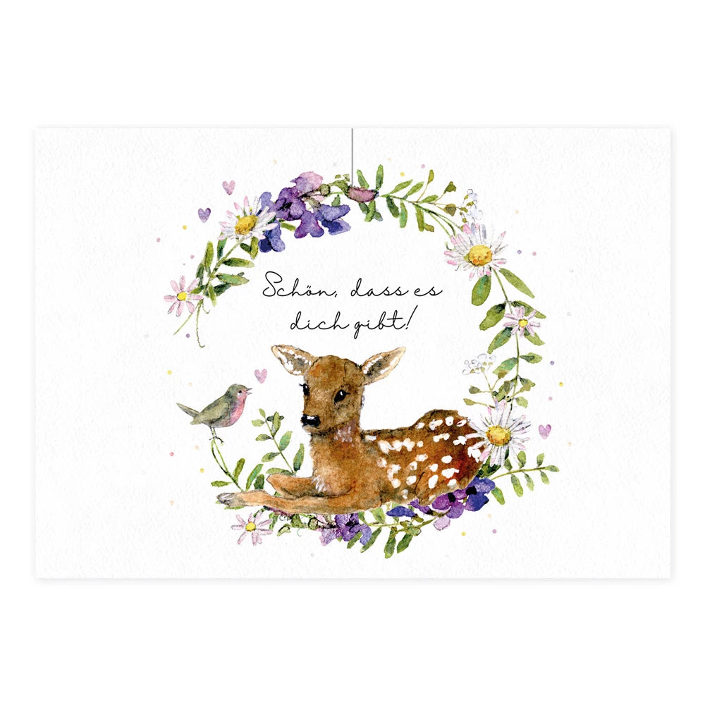 Grußkarte mit Rehkitz und Rotkehlchen im Blumenkranz – Schön, dass es dich gibt PKGR10
