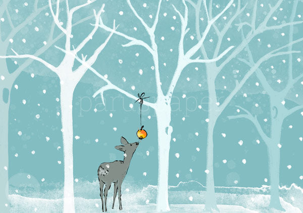 Rehlein im Winterwald Postkarte für Kinder – Reh streckt sich nach Orange am Ast, Antje Theres Kral, Jahreszeitentisch