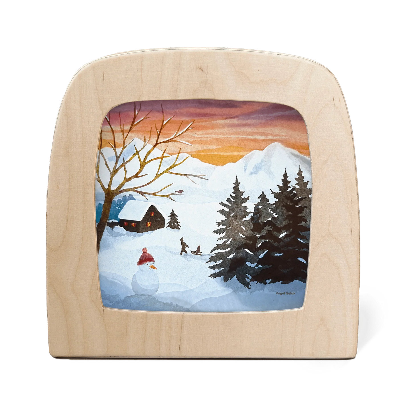 Schlittenlied Toverlux Motiv MO9: verschneite Winterlandschaft im Abendrot mit Schneemann, Hütte und Kindern am Schlitten – Vogel Geluk, für die Magische Lampe und den Jahreszeitentisch