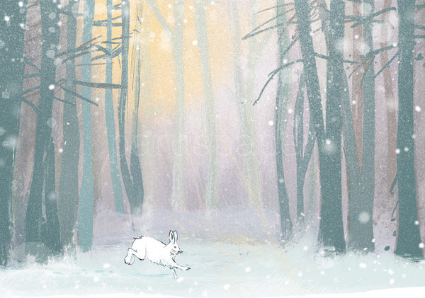 Postkarte Schneehase von Antje Theres Kral, weisser Hase im Sprung durch den Winterwald