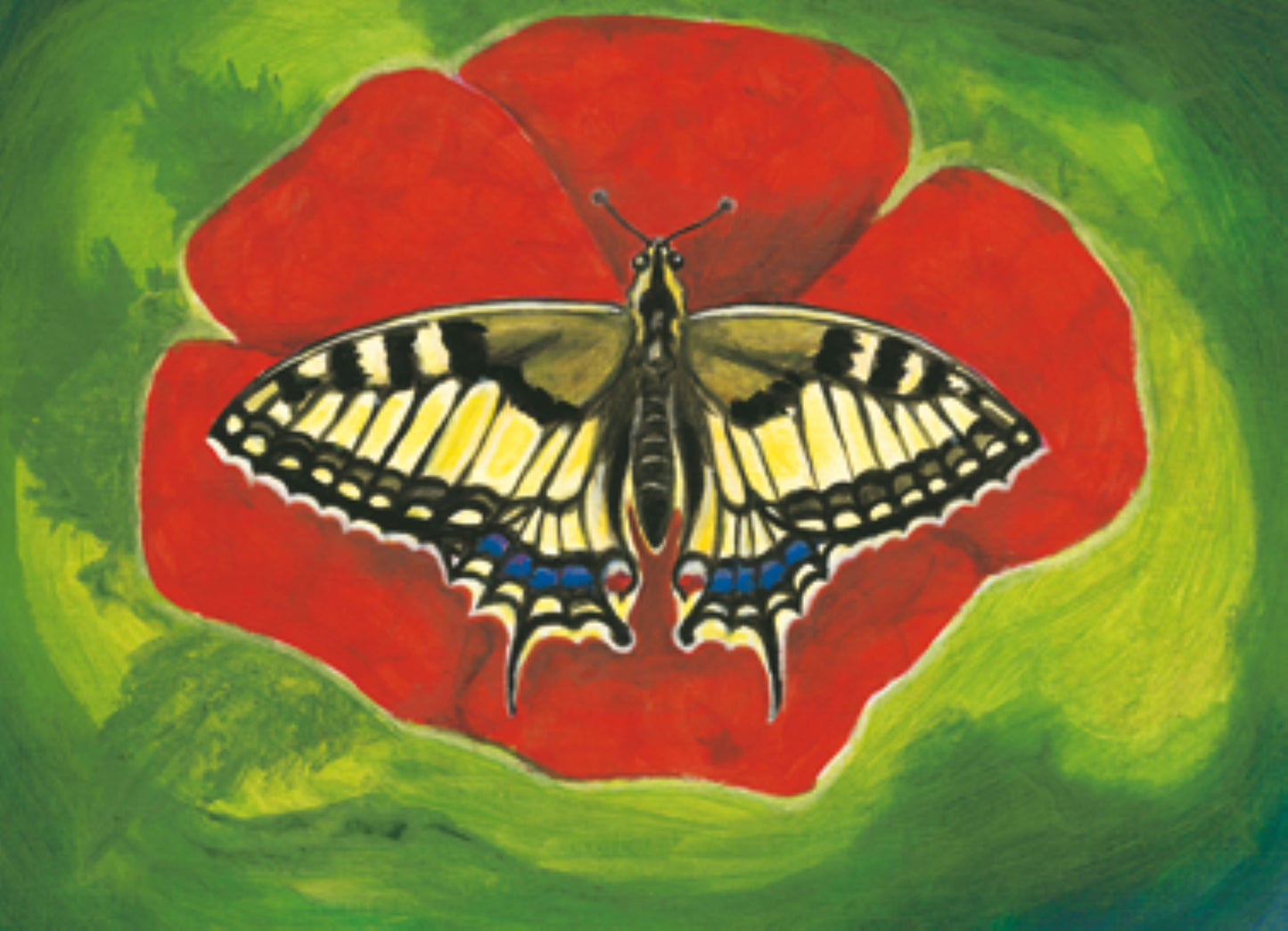 Waldorf-Postkarte 'Schwalbenschwanz': Schmetterling auf roter Mohnblüte