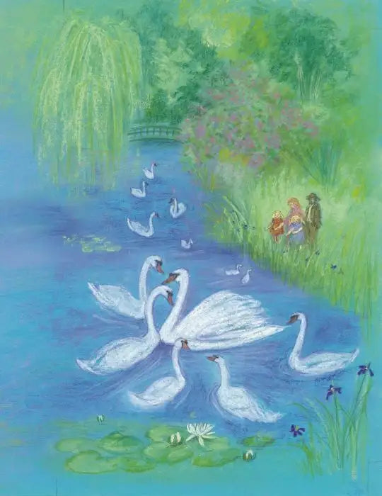 Waldorf Postkarte Schwanenteich von Marjan van Zeyl – Schwanenfamilie mit Kueken am Teich