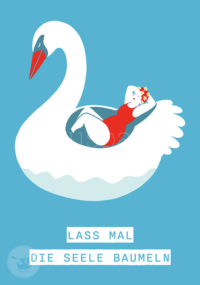 Postkarte Lass mal die Seele baumeln: Frau auf Schwan-Luftmatratze – PKGR63