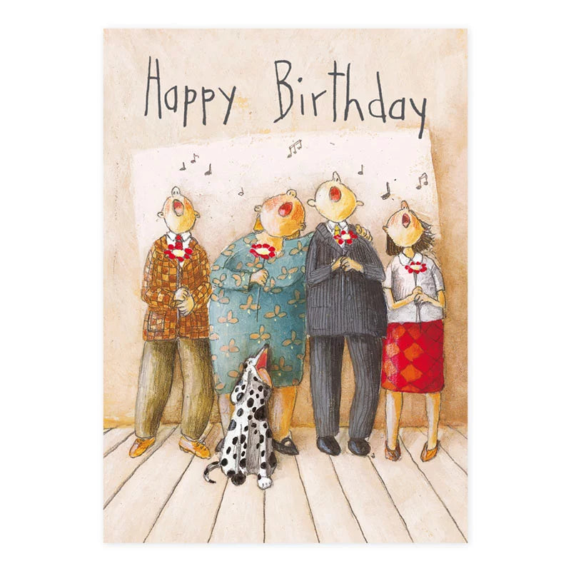 Geburtstagskarte mit vier singenden Familienmitgliedern und einem Dalmatiner, Illustration von Helga Bansch – Happy Birthday Postkarte PKGR1