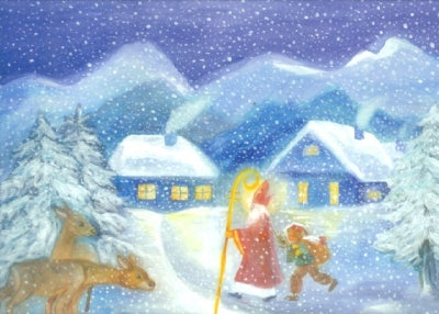 Kunstpostkarte St. Nikolaus von Dorothea Schmidt – Nikolaus im Schneefall vor Dorf, PKWI5