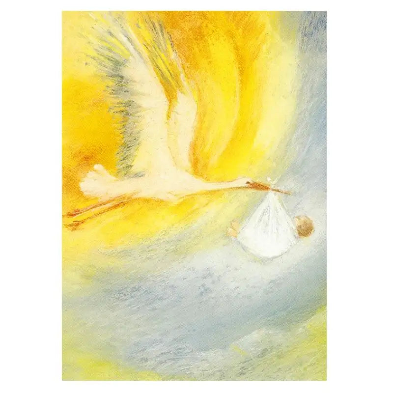 Klappkarte zur Geburt mit fliegendem Storch, der ein Baby im Schnabelbündel trägt, Illustration von Marjan van Zeyl – Klapperstorch GK41