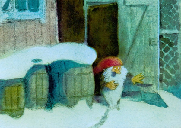Wichtel-Postkarte Tomte Tummetot lugt hinter Fass hervor, Harald Wiberg, skandinavische Weihnacht