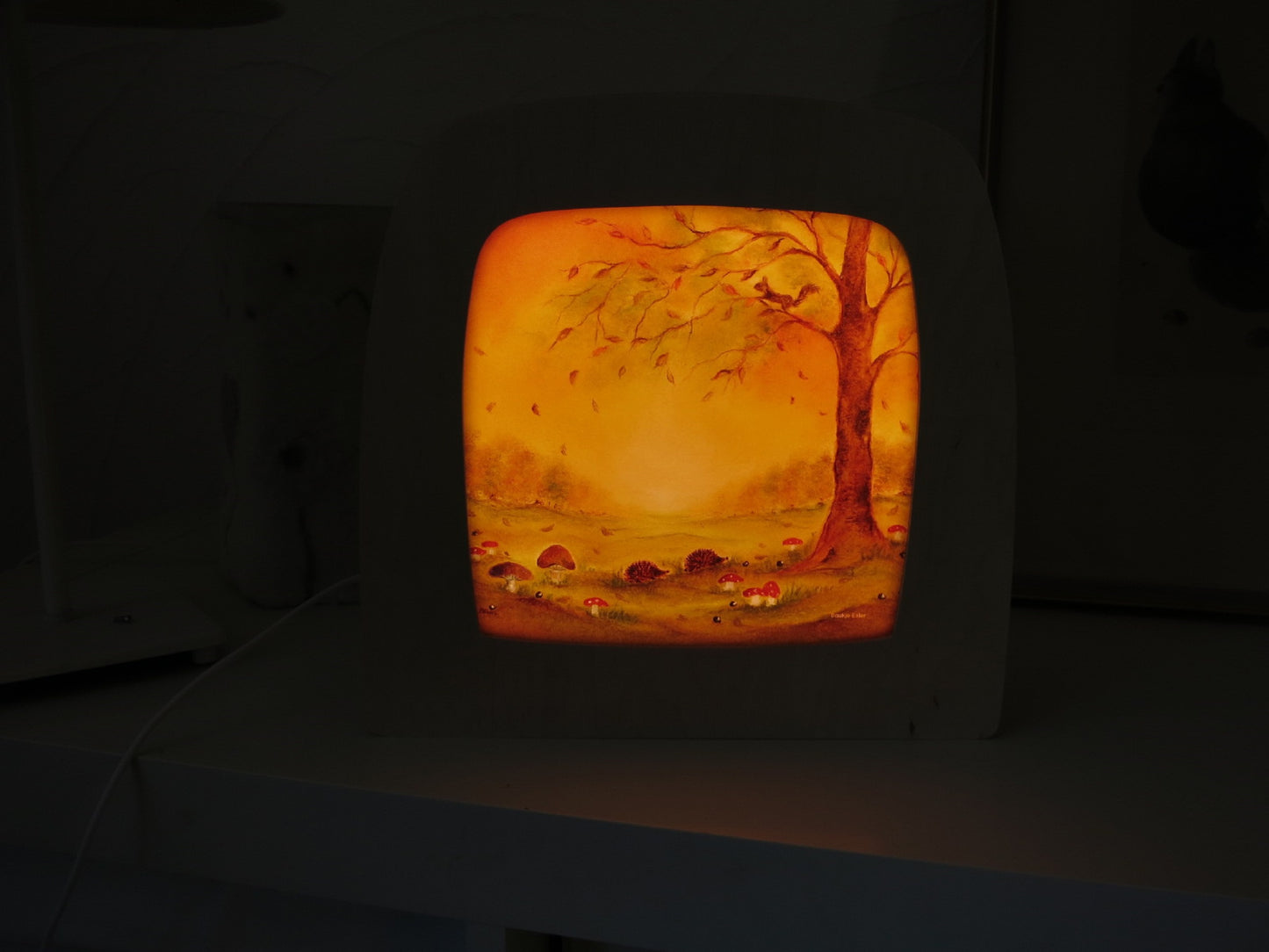 Toverlux Lampe im Dunkeln beleuchtet, warmes Nachtlicht mit herbstlichem Lichtbild