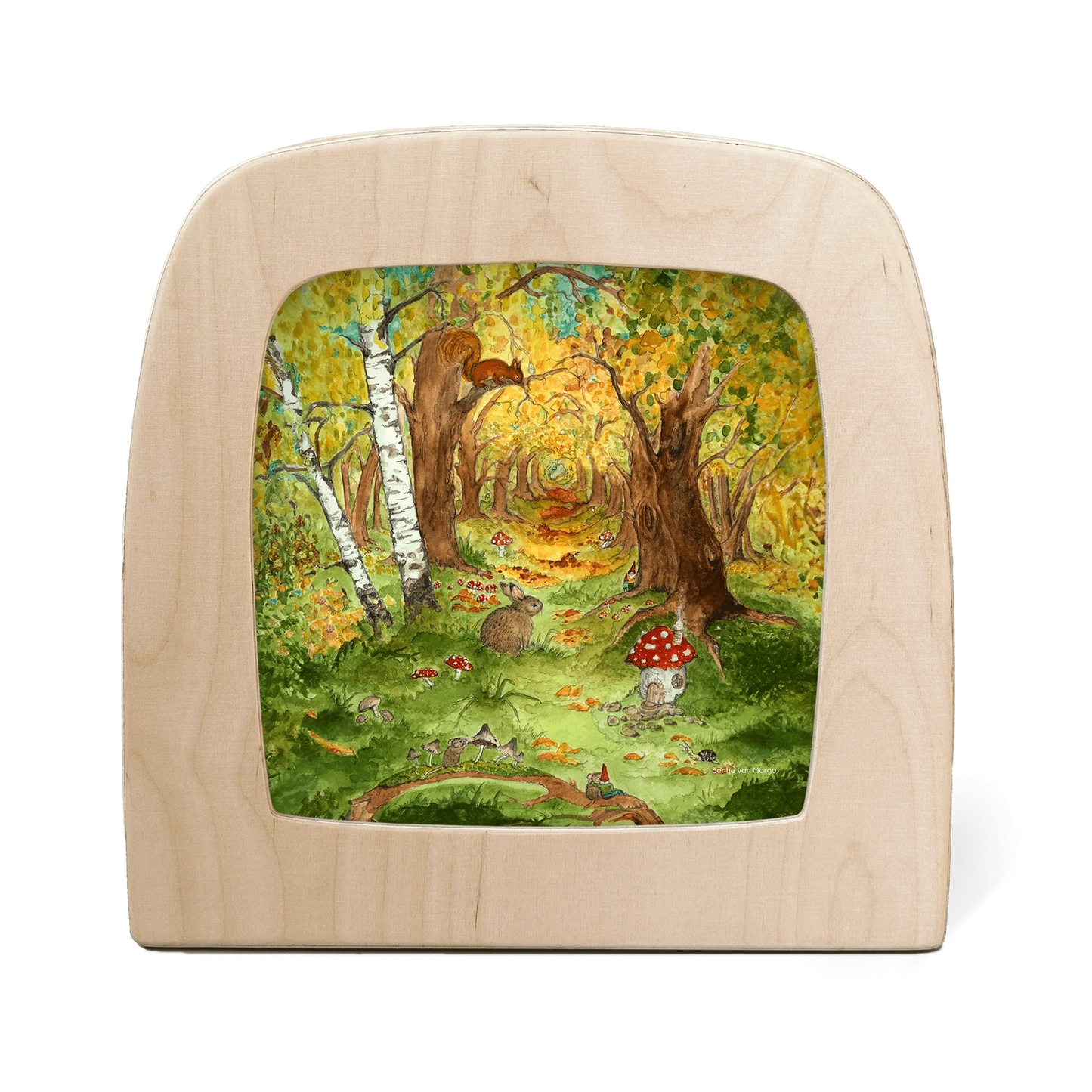 Toverlux Motiv Herbstwald – Silhouette mit Eichhörnchen, Hase und Pilzhäuschen im Birkenwald, Eentje van Margo