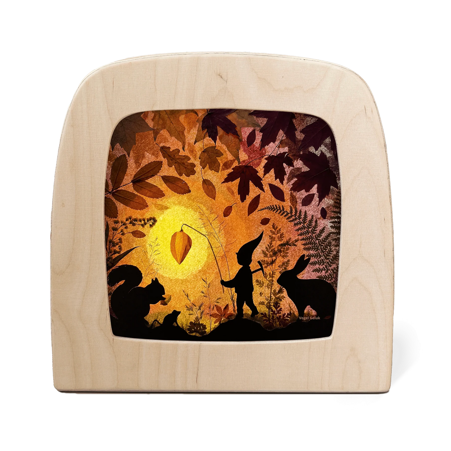 Toverlux Motiv Kleine Laterne – Silhouette mit Wichtel und leuchtender Lampionblume bei Sonnenuntergang, Vogel Geluk
