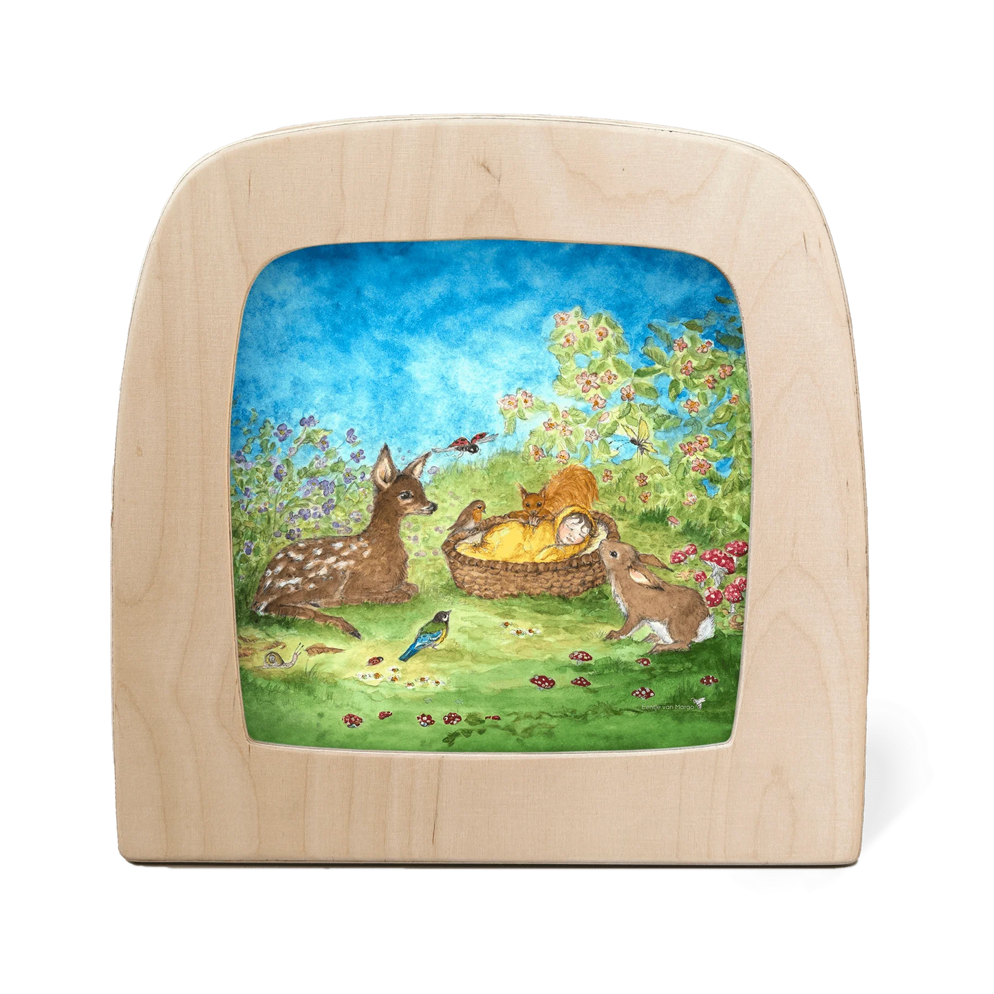Toverlux Motiv Waldschlaf – Silhouette mit schlafendem Baby im Körbchen, Reh und Hase im Wald