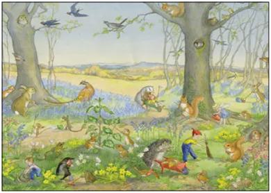 Waldtiere und Zwerge bei der Gartenarbeit - Postkarte - Waldorf Art.Nr.PKFR148