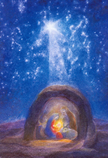 Weihnachtspostkarte: Krippe mit Maria, Josef und leuchtendem Kind in einer Felsenhöhle unter dem Stern