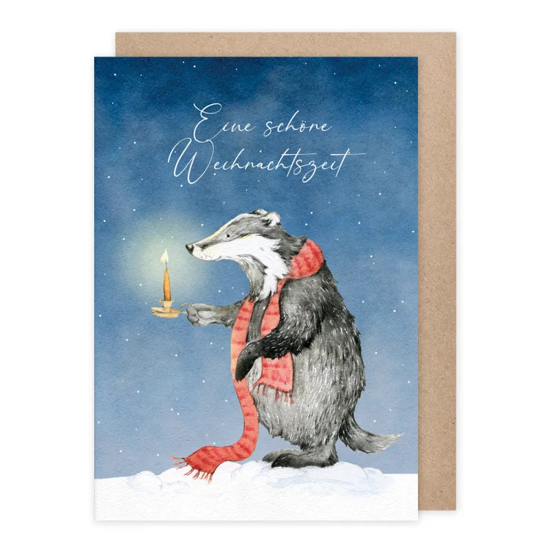 Weihnachtskarte Dachs mit Kerze und rotem Schal im Schnee, Eine schöne Weihnachtszeit