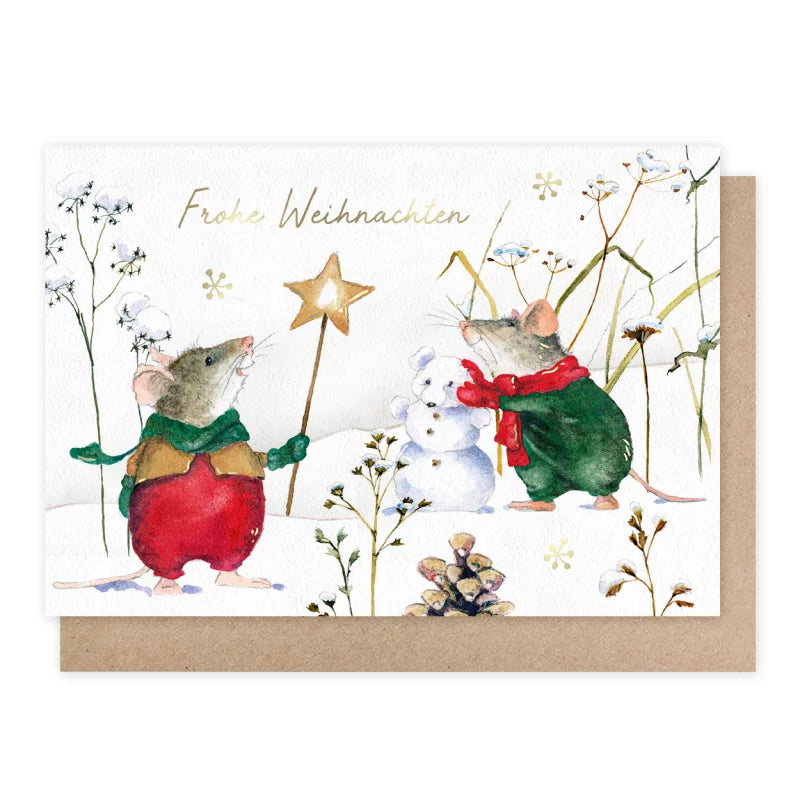 Weihnachtskarte zwei Mäuse bauen gemeinsam einen Schneemann, Frohe Weihnachten