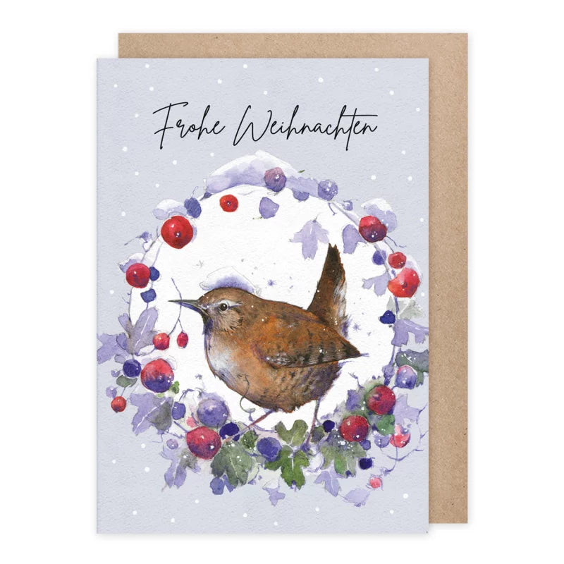 Weihnachtskarte Zaunkönig im Beerenkranz, Frohe Weihnachten