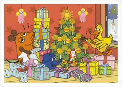 Postkarte 'Bescherung bei der Maus' von Isolde Schmitt-Menzel: die Maus, der Elefant und die Ente feiern Bescherung unter dem Weihnachtsbaum.