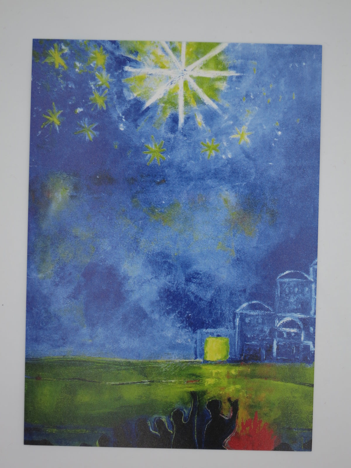 Weihnachtspostkarte „Macht euch auf zum Licht“ von Christel Holl: Hirten-Silhouetten unter strahlendem Stern in der Winternacht, Kunst-Postkarte