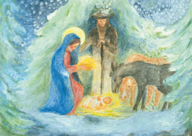 Weihnachtspostkarte für Kinder: Krippenszene als Naturhoehle mit Maria, Josef, leuchtendem Kind, Esel und Ochse