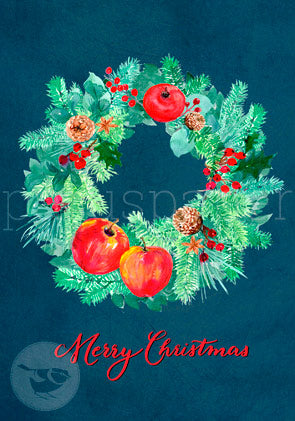 Weihnachtspostkarte Merry Christmas, Kranz mit Äpfeln und Granatapfel