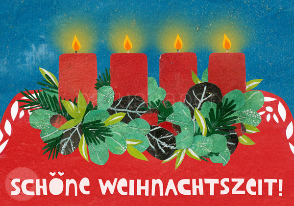 Postkarte 'Schöne Weihnachten' von Kerstin Ax: Adventskranz mit vier brennenden Kerzen.