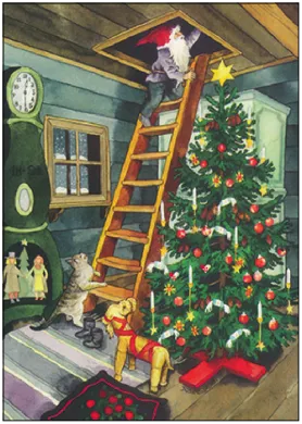 Postkarte 'Zwerg auf Leiter' von Inge Löök: ein Wichtel schmückt auf der Leiter den Weihnachtsbaum im Haus.
