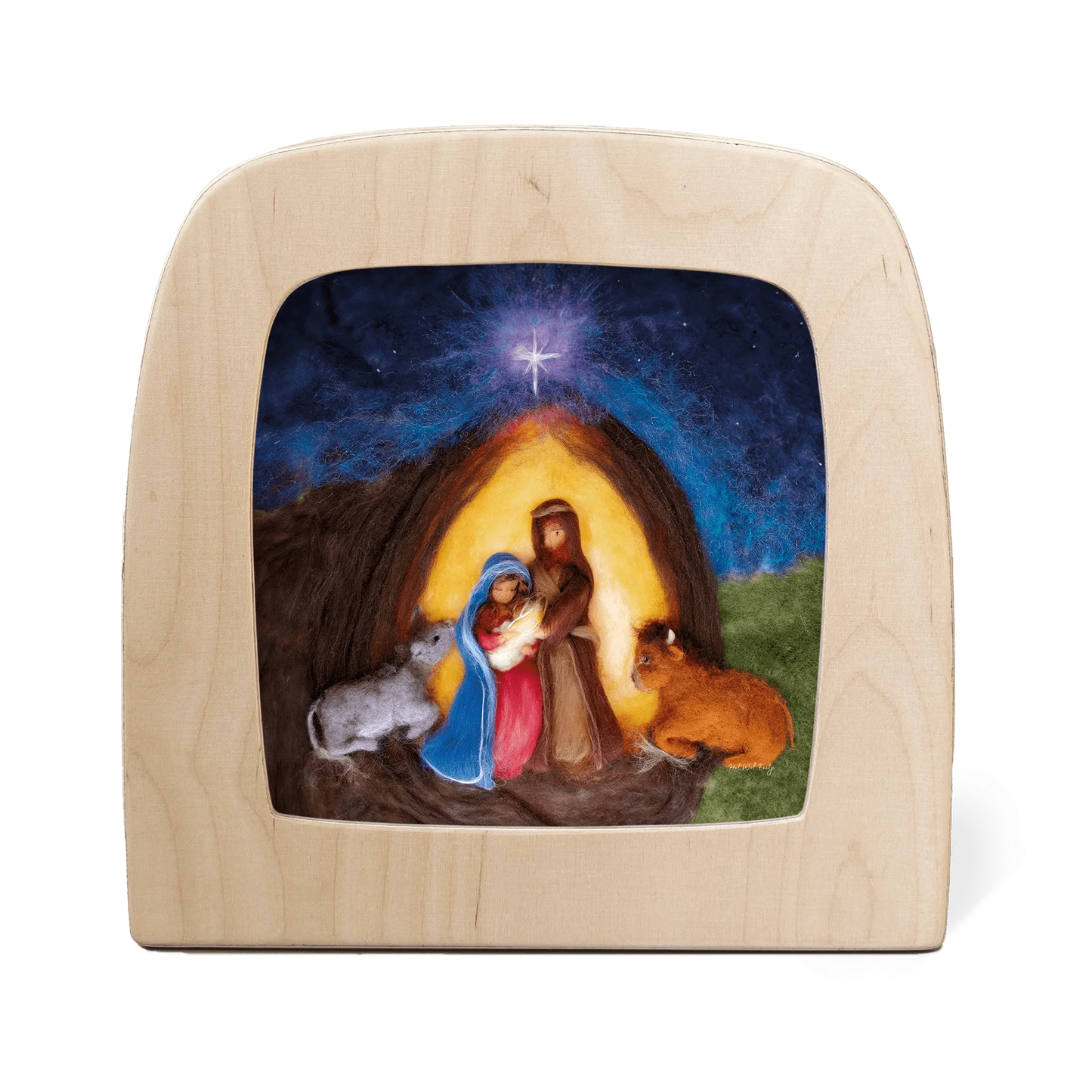 Weihnachtswunder Toverlux Motiv MO115: gefilzte Krippenszene mit Maria, Josef, Ochse und Esel unter dem Stern von Bethlehem – Het Wol Feetje, für die Magische Lampe und den Adventstisch