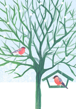 Postkarte Wintergaeste von Maike Neuendorff, zwei Gimpel am Futterhaus im Baum