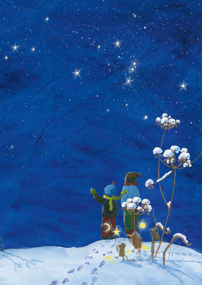 Kunstpostkarte Winterhimmel von Daniela Drescher – Kinder und Waldtiere unter Sternenhimmel, PKWI80