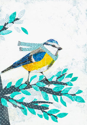 Postkarte Winterliche Blaumeise von Kerstin Ax, Blaumeise in moderner Collagetechnik auf Zweig
