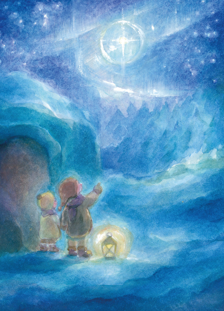Kunstpostkarte Winterlicht von Marie Laure Viriot – Kinder blicken zum Stern vor Eishöhle, PKWI84