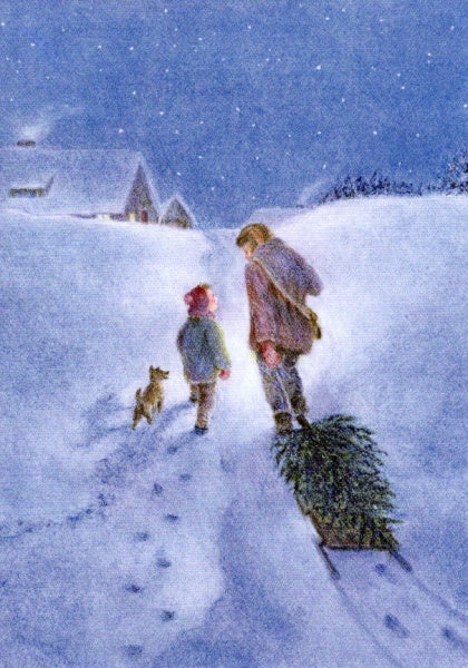Winterpostkarte für Kinder: Familie zieht Weihnachtsbaum auf Schlitten durch verschneite Huegel zum Dorf, Waldorf Jahreszeitentisch