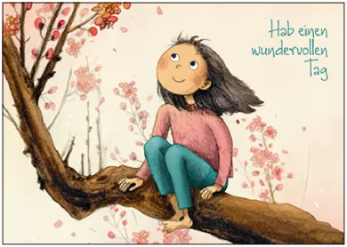 Postkarte Hab einen wundervollen Tag: Mädchen im Kirschbaum – PKGR158