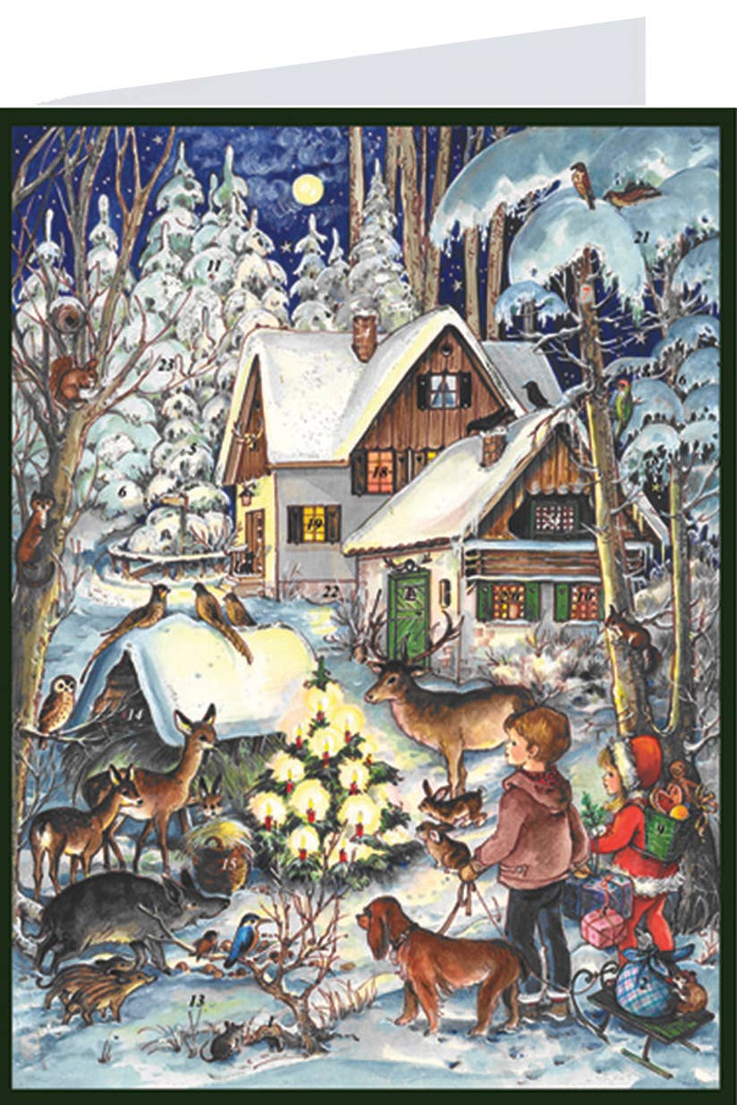 Adventskalenderkarte Winter bei den Tieren, Kinder und iere in einer Winterlandschaft- AK65