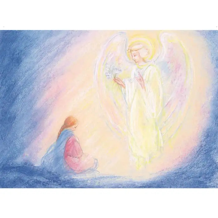 Postkarte Advent von Marjan van Zeyl, Engel reicht Maria eine weisse Lilie