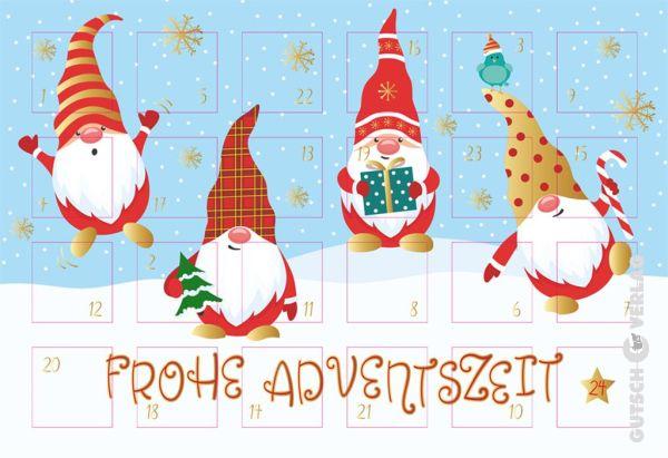 Adventskalenderkarte Wichtel, vier Zwerge, Geschenke. Von Gutsch Verlag