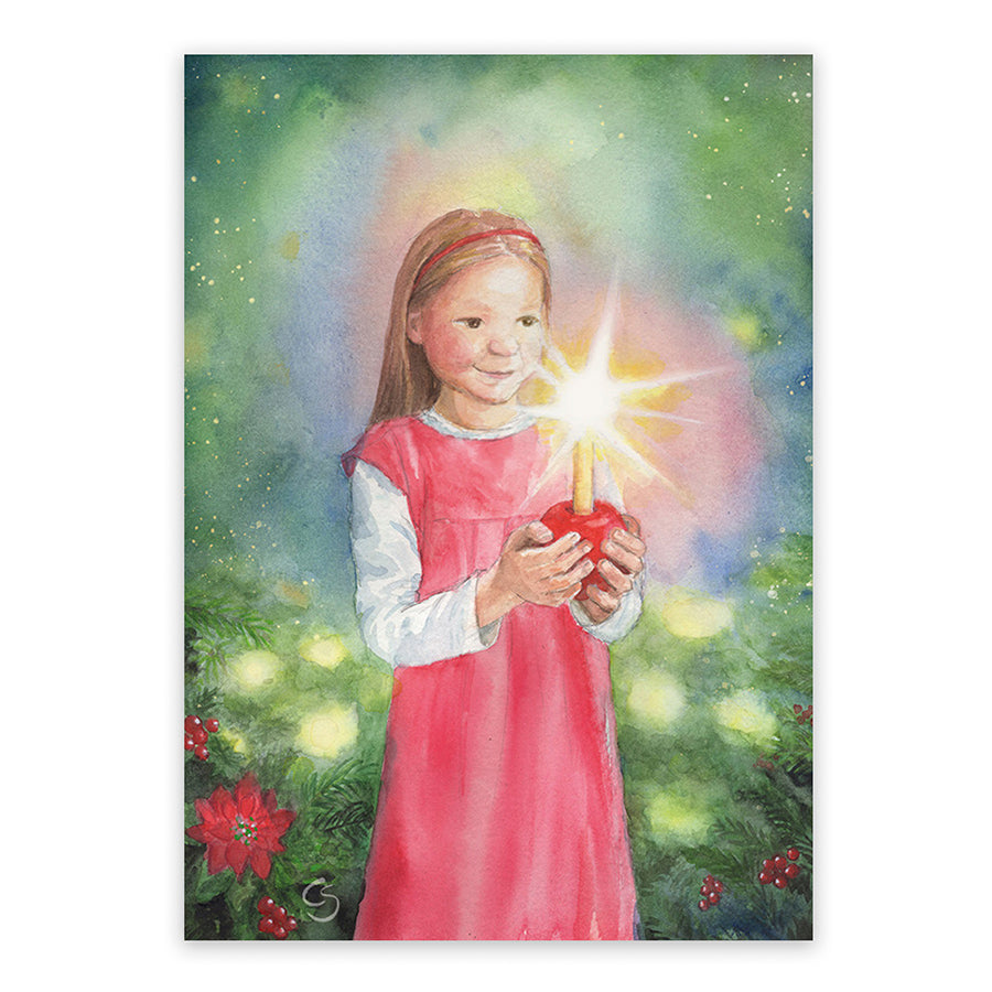 Kunstpostkarte Adventsgärtlein von Corinna Schwerdtfeger – Mädchen mit Apfel-Kerze, PKWI1